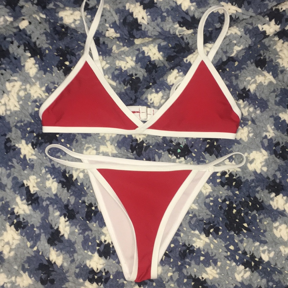 Red and white cheeky bikini set